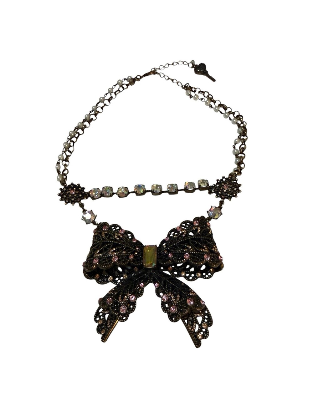 Betsey Johnson Vintage Bows HUGE Bronze Bow Crystal Pink Pearl Layered Necklace
